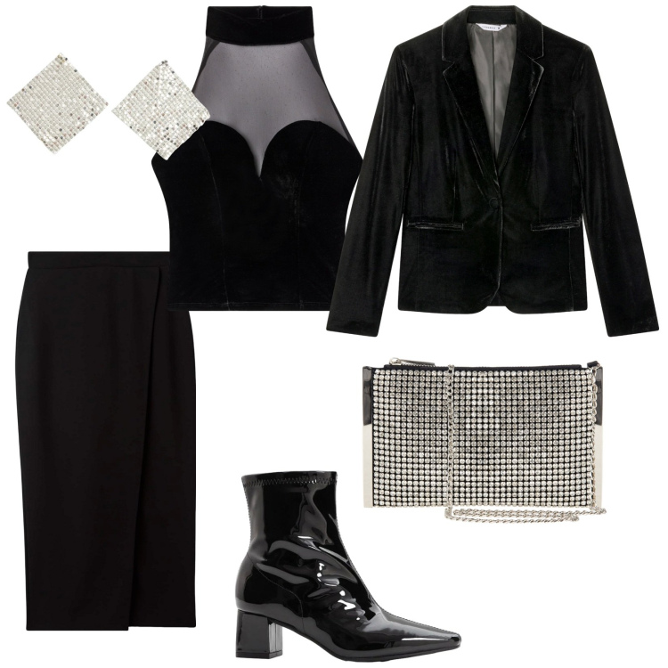 Outfit donna - Gift of style. per Serata fuori. Abbinamento con stivaletti, pochette, gonne longuette, orecchini, top, blazer.