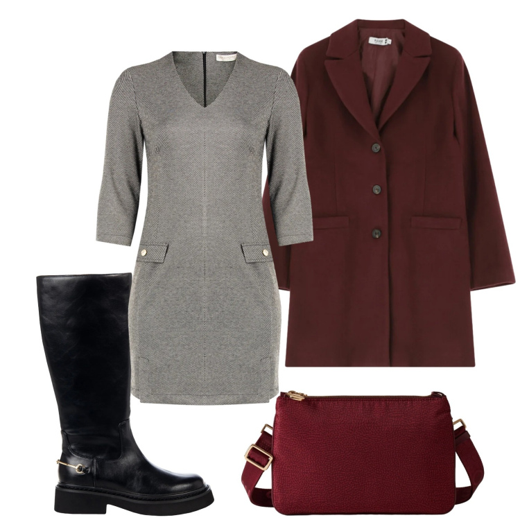 Outfit donna - Curvy time casual. Stile Casual chic per Tutti i giorni. Abbinamento con cappotti, vestiti corti, stivali sopra il ginocchio, borse a tracolla.