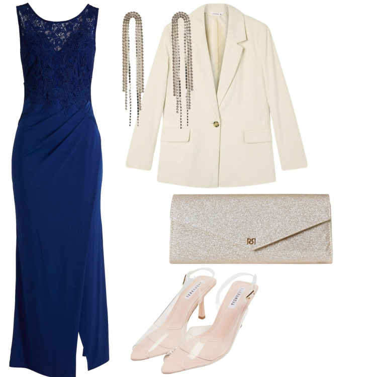 Outfit donna - Notte stellata. per Serata fuori. Abbinamento con vestiti lunghi, pochette, orecchini, sandali col tacco, blazer.
