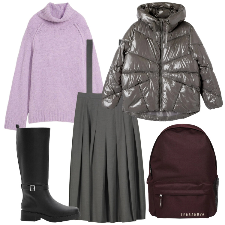 Outfit donna - Bretelle skirt. Stile Preppy per Tutti i giorni. Abbinamento con maglieria, stivali, zaini, bomber, gonne lunghe.