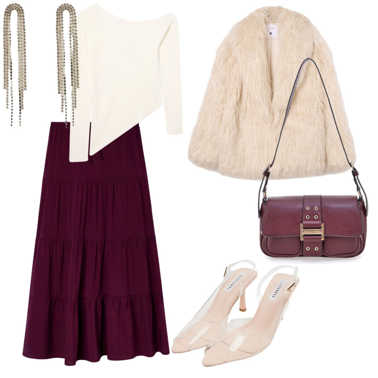 Outfit donna - Natale delicato. per Tutti i giorni. Abbinamento con maglieria, orecchini, sandali col tacco, gonne lunghe, ecopellicce, borse a tracolla.