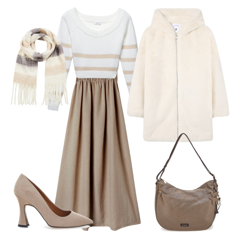 Outfit donna - Total look #2296471. Stile Chic per Serata fuori. Abbinamento con cappotti, vestiti lunghi, sciarpe, maglieria, borse a spalla, décolleté.