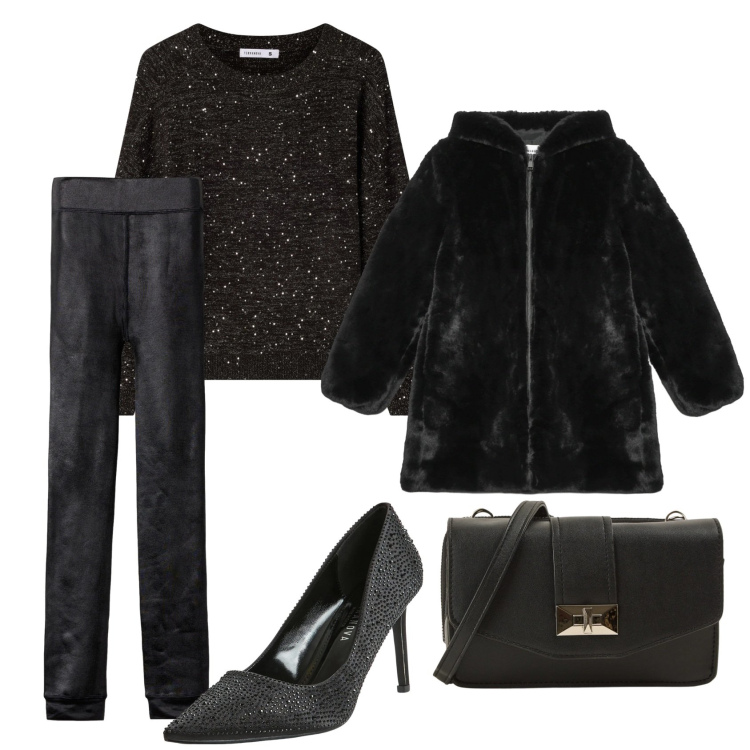 Outfit donna - Serata glam- b.friday terranova. Stile Glamour per Serata fuori. Abbinamento con cappotti, leggings, maglieria, borse a tracolla, décolleté.