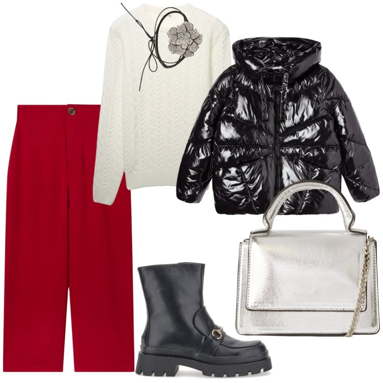 Outfit donna - Rosso natale. per Tutti i giorni. Abbinamento con collane, pantaloni a palazzo, borse a tracolla, bomber, pullovers, stivaletti.