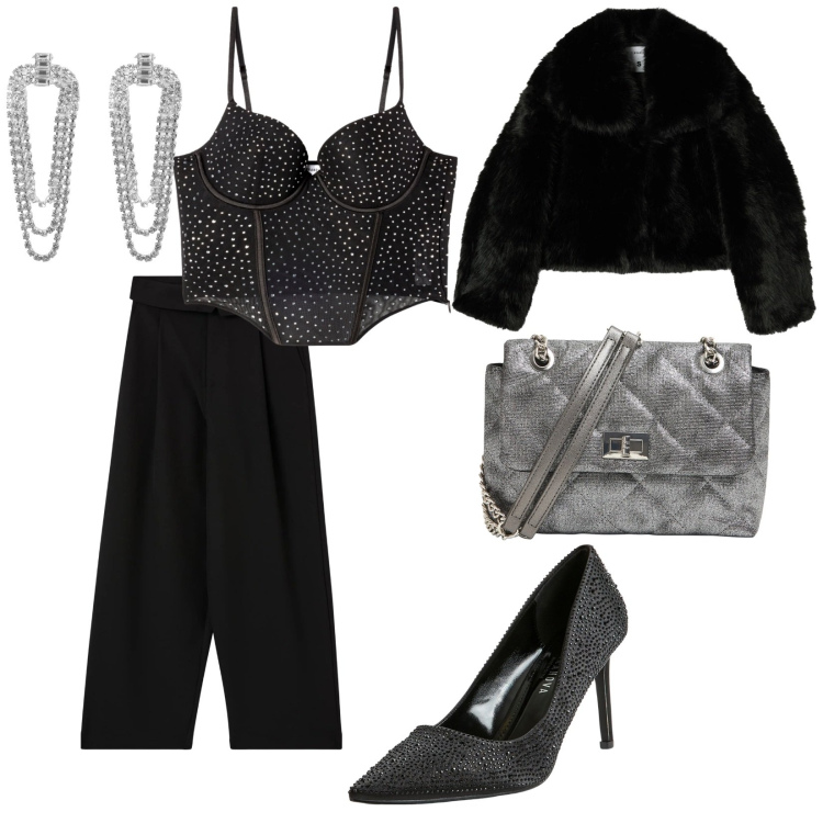 Outfit donna - Natale scintillante. per Serata fuori. Abbinamento con pantaloni, décolleté, borse a tracolla, orecchini, top, ecopellicce.