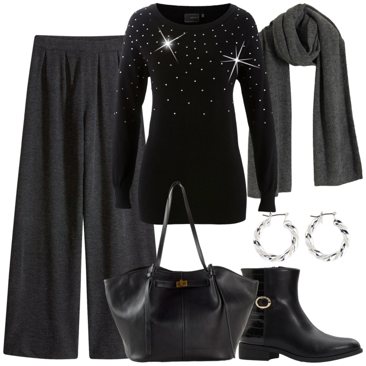 Outfit donna - Winter Looks. Stile Casual chic per Tutti i giorni. Abbinamento con maglieria, sciarpe, pantaloni, orecchini, shopping bag, stivaletti.