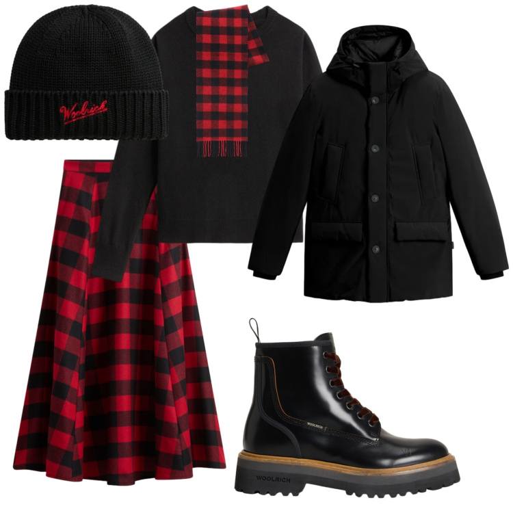 Outfit donna - Si parte. per Tutti i giorni. Abbinamento con anfibi, gonne lunghe, sciarpe, berretti, maglieria, parka.