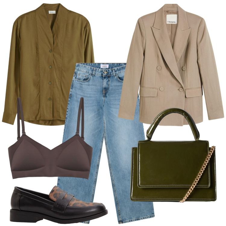 Outfit donna - Chic in jeans. Stile Casual chic per Tutti i giorni. Abbinamento con blazer, mocassini, camicie, reggiseni, jeans boyfriend, borse a tracolla.