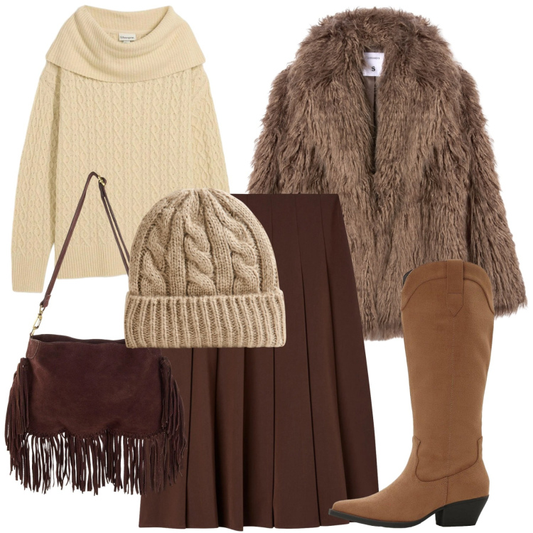 Outfit donna - Coffee. Stile Bon Ton per Tutti i giorni. Abbinamento con stivali, borse a tracolla, maglieria, gonne lunghe, berretti, ecopellicce.