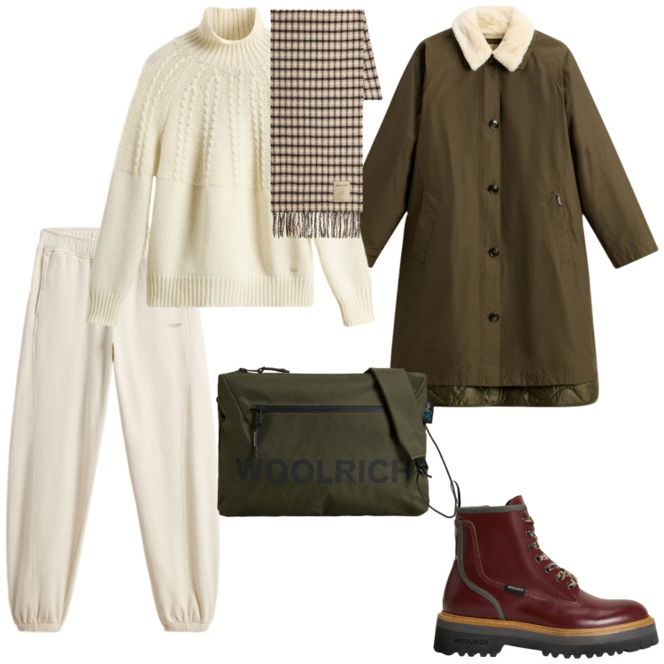 Outfit donna - Look holiday. per Tutti i giorni. Abbinamento con borse a tracolla, maglieria, anfibi, sciarpe, pantaloni, cappotti.