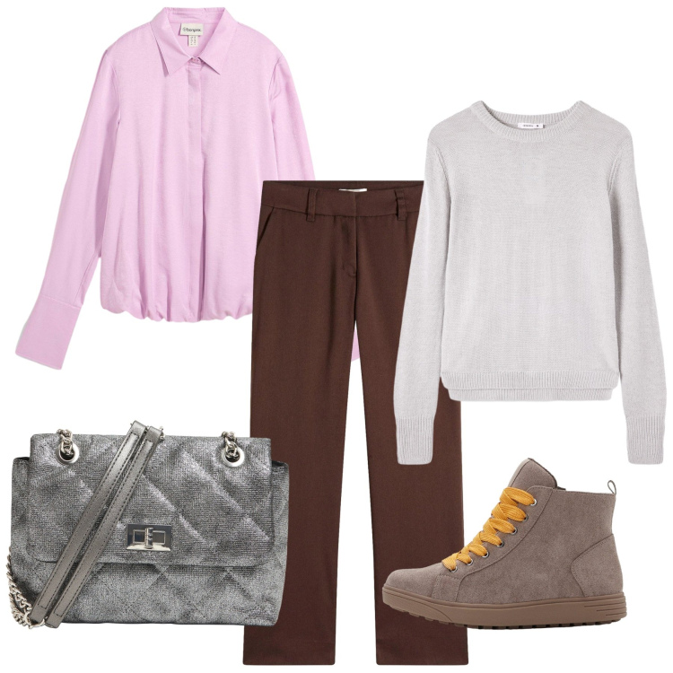 Outfit donna - Tempo libero. Stile Casual per Tutti i giorni. Abbinamento con bluse, pantaloni, sneakers alte, maglieria, borse a tracolla.