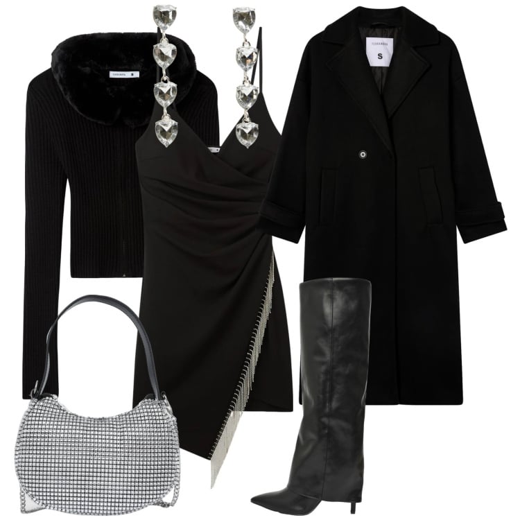 Outfit donna - Black friday da terranova. Stile Glamour per Serata fuori. Abbinamento con vestiti corti, cardigans, cappotti, borse a spalla, stivali, orecchini.