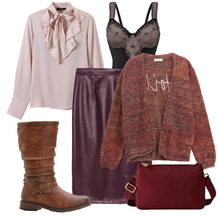 Outfit donna - Fiocco bon ton. Stile Bon Ton per Ufficio. Abbinamento con body, stivali, cardigans, bluse, borse a tracolla, gonne longuette.