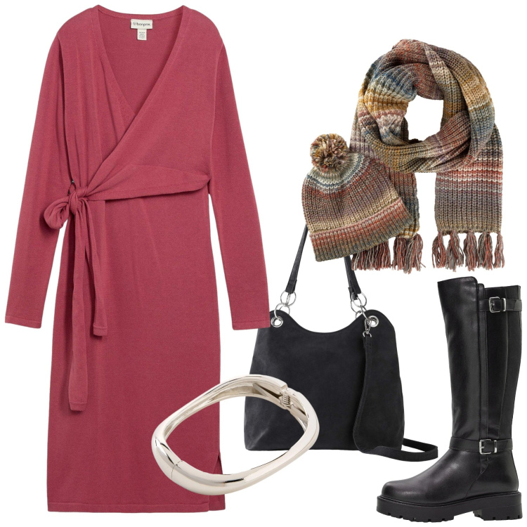 Outfit donna - Winter Looks. Stile Glamour per Tutti i giorni. Abbinamento con sciarpe, braccialetti, vestiti, stivali, borse a mano.