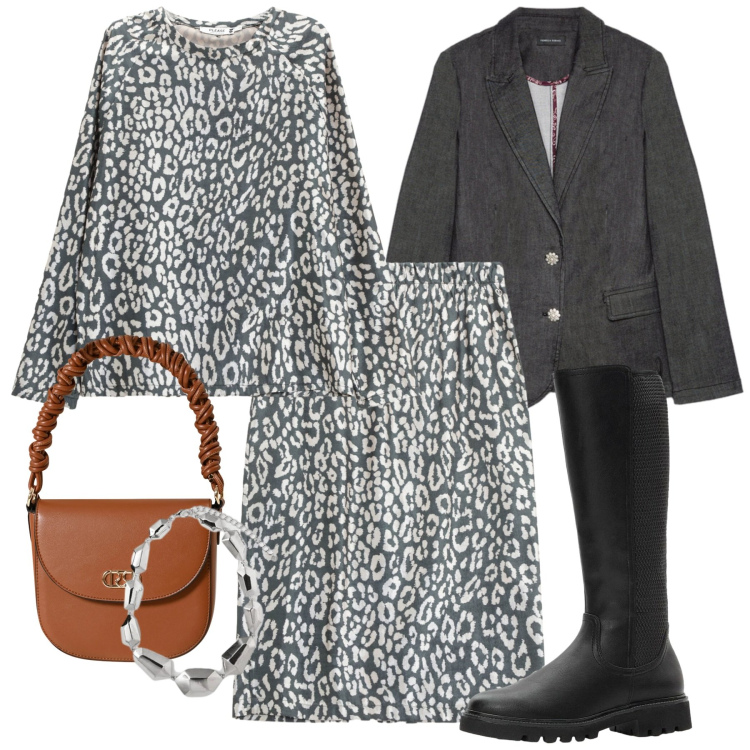 Outfit donna - Completo. Stile Bon Ton per Tutti i giorni. Abbinamento con stivali, gonne, maglieria, borse a mano, blazer, ciondoli.