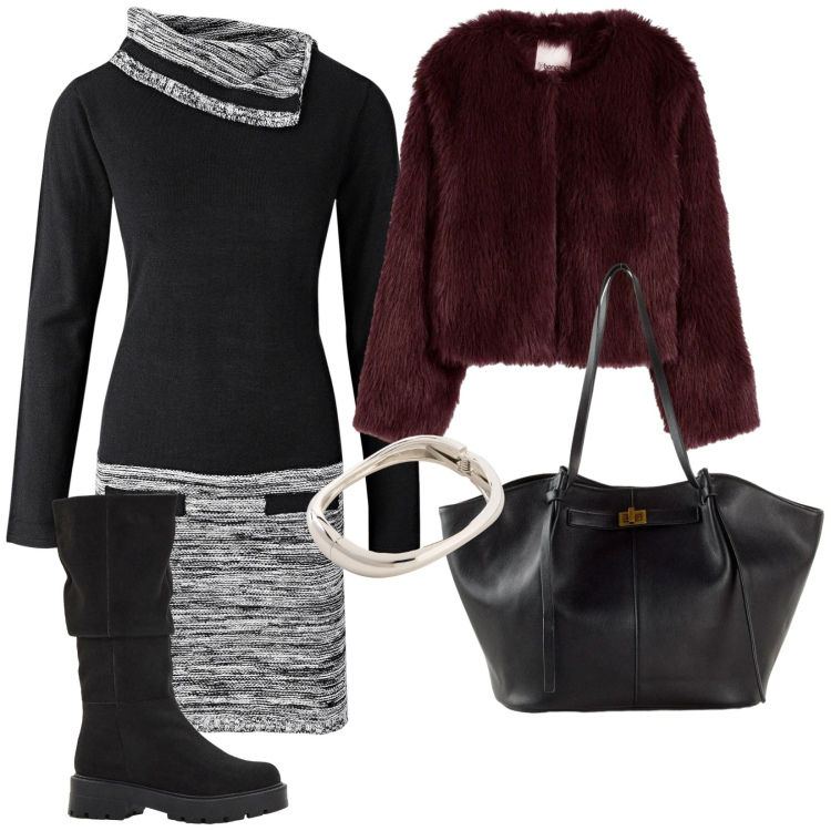 Outfit donna - Giornata fredda. per Tutti i giorni. Abbinamento con shopping bag, vestiti, braccialetti, ecopellicce, stivali.