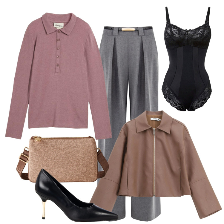 Outfit donna - Intimo prezioso. Stile Chic per Tutti i giorni. Abbinamento con body, polo, blazer, pantaloni a palazzo, décolleté, borse a tracolla.
