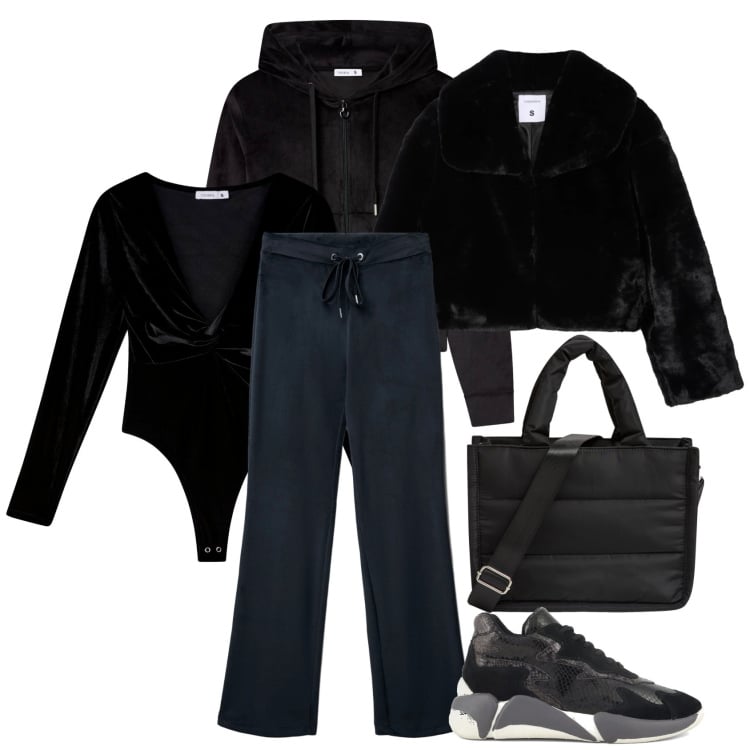 Outfit donna - Sporty chic - b.f. terranova. Stile Sporty chic per Tutti i giorni. Abbinamento con pantaloni, ecopellicce, shopping bag, body, felpe con cappuccio, sneakers alte.