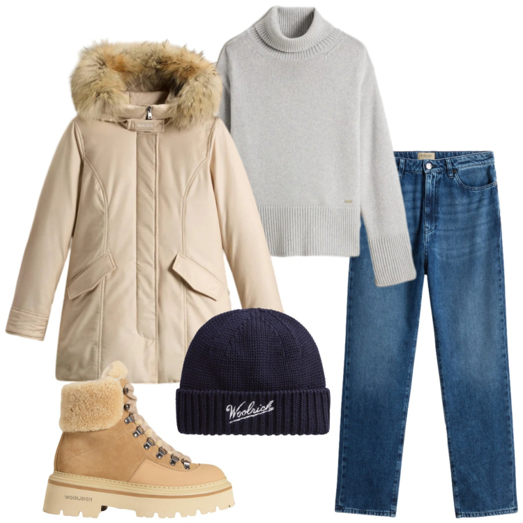 Outfit donna - Holiday Heritage. Stile Urban per Tutti i giorni. Abbinamento con parka, maglieria, jeans, berretti, stivaletti.