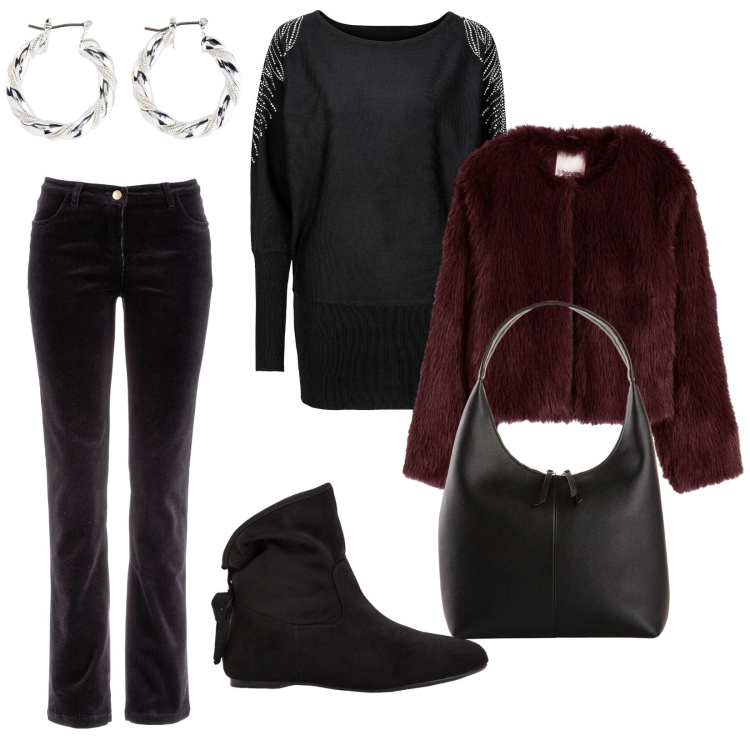 Outfit donna - Look Winter. per Serata fuori. Abbinamento con ecopellicce, orecchini, maglieria, pantaloni, stivaletti, shopping bag.