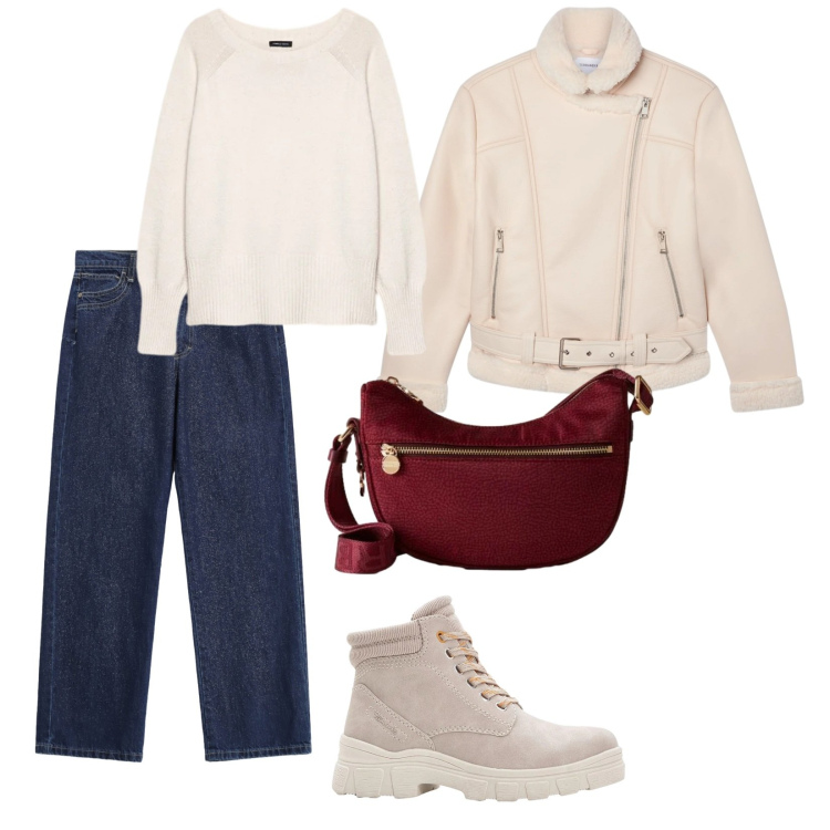 Outfit donna - Le feste si avvicinano. per Tutti i giorni. Abbinamento con stivaletti, jeans dritti, bomber, borse a tracolla, maglieria.