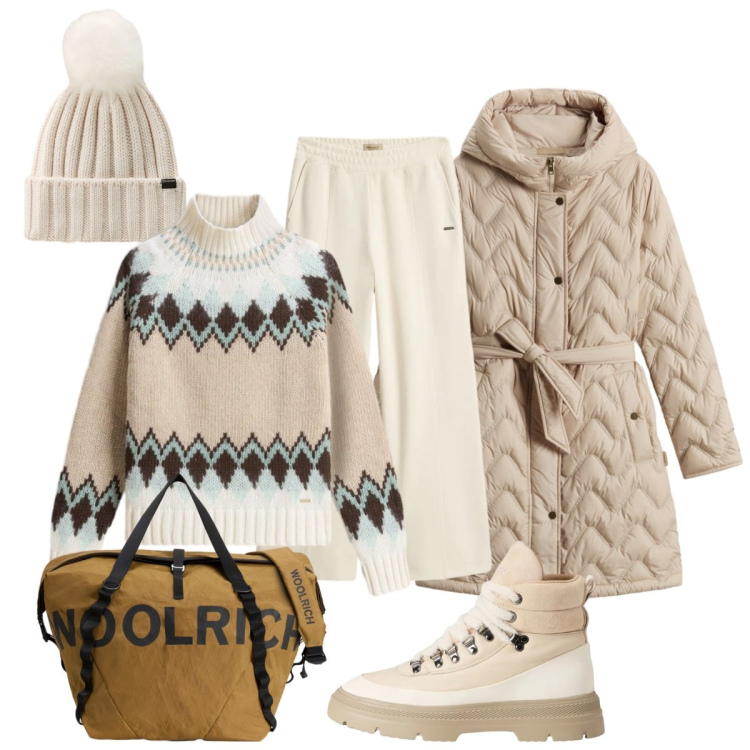 Outfit donna - In partenza per la montagna. Stile Casual chic per Tutti i giorni. Abbinamento con parka, pantaloni, maglieria, borse sportive, berretti, anfibi.