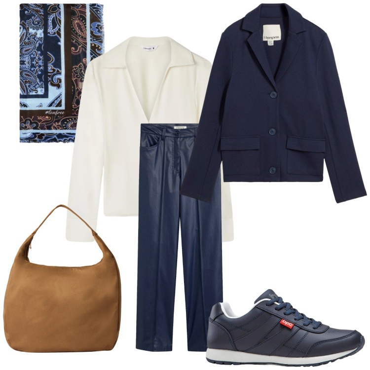 Outfit donna - Camicia & foulard total blu. Stile Casual chic per Ufficio. Abbinamento con sneakers, pantaloni, blazer, borse a mano, camicie, foulard.