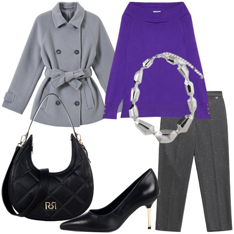 Outfit donna - Novembre purple - @antonellal. Stile Romantica per Serata fuori. Abbinamento con pantaloni, caban, décolleté, borse a tracolla, maglieria, ciondoli.