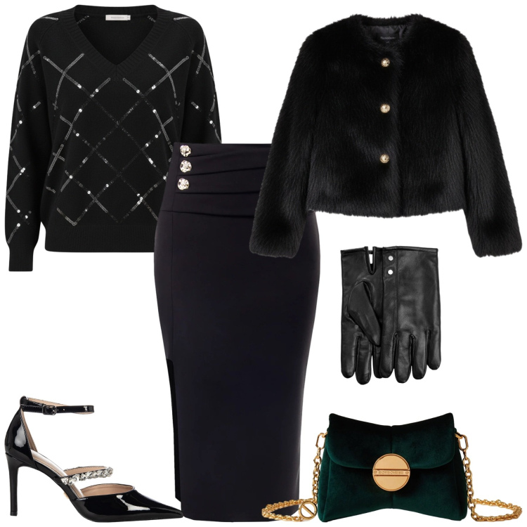 Outfit donna - Compleanno, Natale e Capodanno. Gift of. Stile Glamour per Serata fuori. Abbinamento con guanti, maglieria, gonne, ecopellicce, décolleté, borse a tracolla.