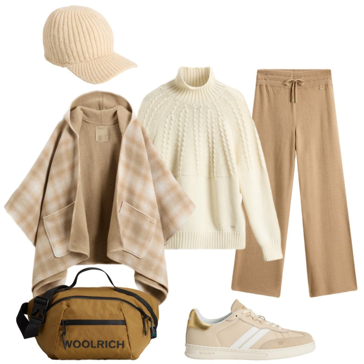 Outfit donna - Total look #2296524. Stile Casual chic per Tutti i giorni. Abbinamento con maglieria, sneakers, borse a tracolla, pantaloni, cappelli, cappe.