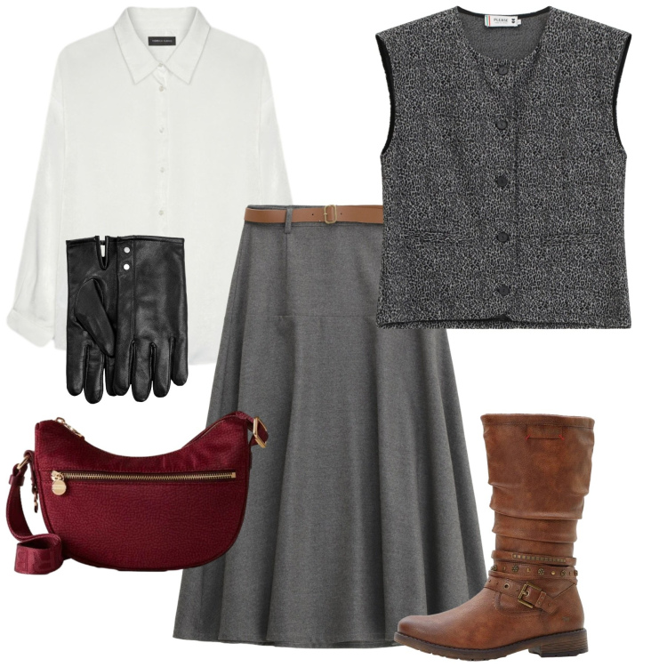 Outfit donna - Grey style. Stile Bon Ton per Ufficio. Abbinamento con stivali, guanti, gonne lunghe, gilet, borse a tracolla, camicie.