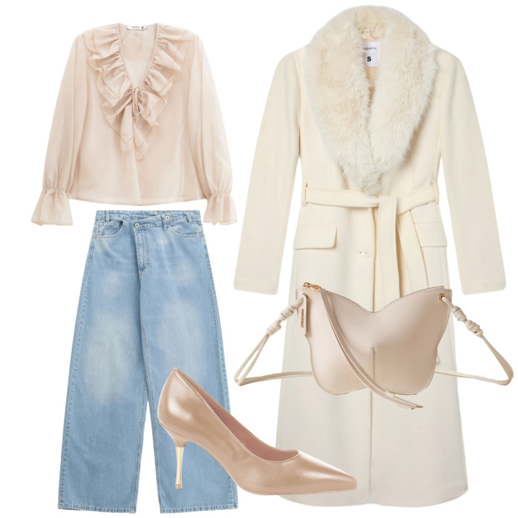 Outfit donna - Tonalità chiare in inverno. Stile Casual chic per Serata fuori. Abbinamento con jeans, camicie, décolleté, cappotti, borse a tracolla.