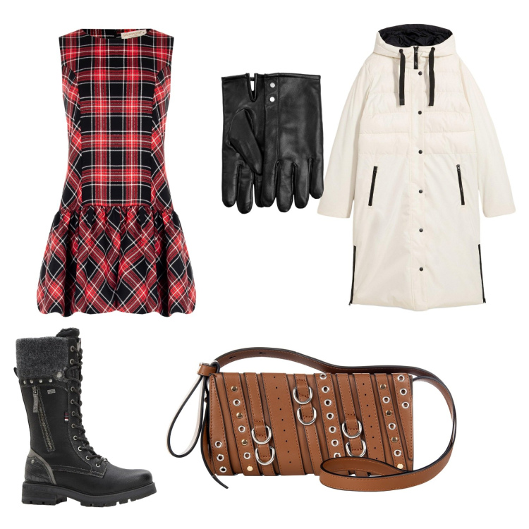 Outfit donna - Il giorno di Natale. Stile Urban per Tutti i giorni. Abbinamento con stivali, piumini, guanti, vestiti senza maniche, borse a spalla.