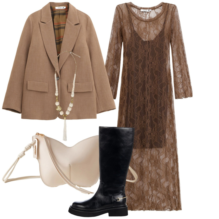 Outfit donna - Caramel. Stile Chic per Serata fuori. Abbinamento con vestiti lunghi, blazer, stivali sopra il ginocchio, borse a tracolla, ciondoli.
