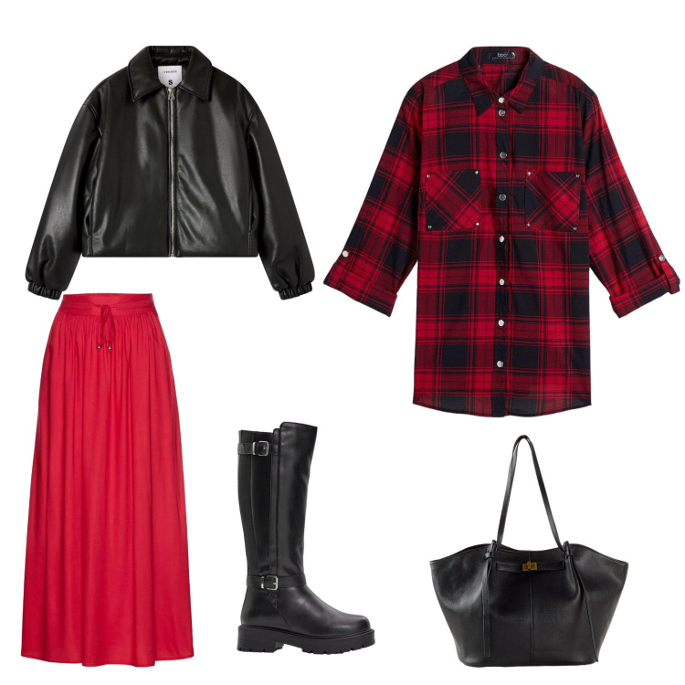 Outfit donna - Giorni di festa e di relax. Stile Casual per Tutti i giorni. Abbinamento con camicie, gonne lunghe, stivali, shopping bag, bomber.