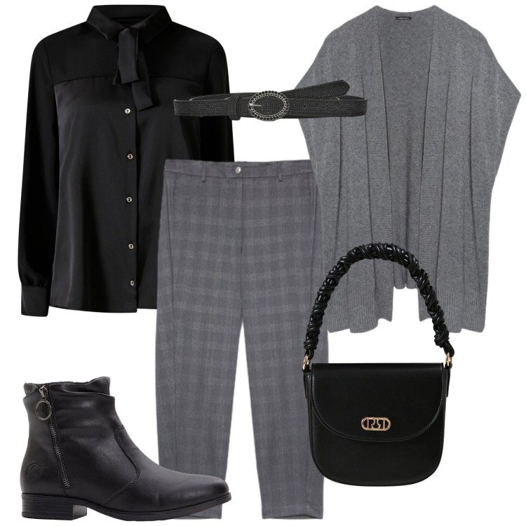 Outfit donna - Miss Grey. Stile Bon Ton per Tutti i giorni. Abbinamento con stivaletti, borse a mano, camicie, cinture, pantaloni, gilet.