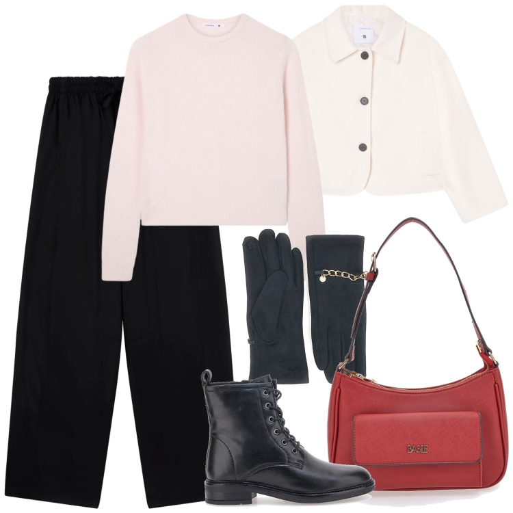 Outfit donna - Terranova - Xmas Edition 2025. Stile Casual chic per Tutti i giorni. Abbinamento con maglieria, pantaloni, blazer, anfibi, guanti, borse a spalla.