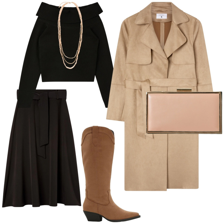 Outfit donna - In ufficio. per Ufficio. Abbinamento con stivali, pochette, gonne lunghe, maglieria, trench, collane.