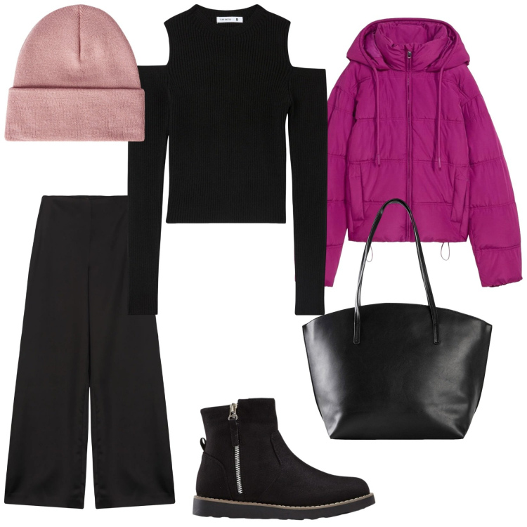 Outfit donna - Freddo di colore. per Tutti i giorni. Abbinamento con giacche, stivaletti, shopping bag, maglieria, berretti, pantaloni a palazzo.