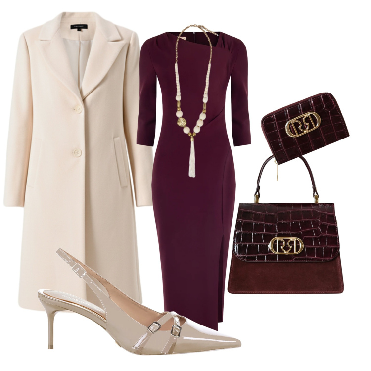 Outfit donna - A teatro. Stile Chic per Serata fuori. Abbinamento con vestiti a tubino, cappotti, borse a mano, portafogli, décolleté, ciondoli.