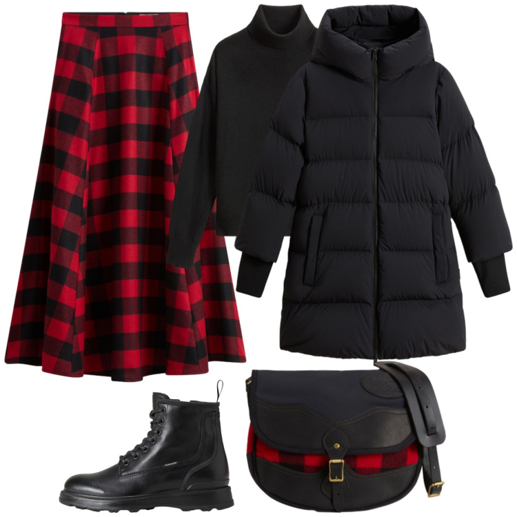 Outfit donna - Rosso a quadri. Stile Preppy per Tutti i giorni. Abbinamento con anfibi, gonne lunghe, borse a tracolla, maglieria, piumini.