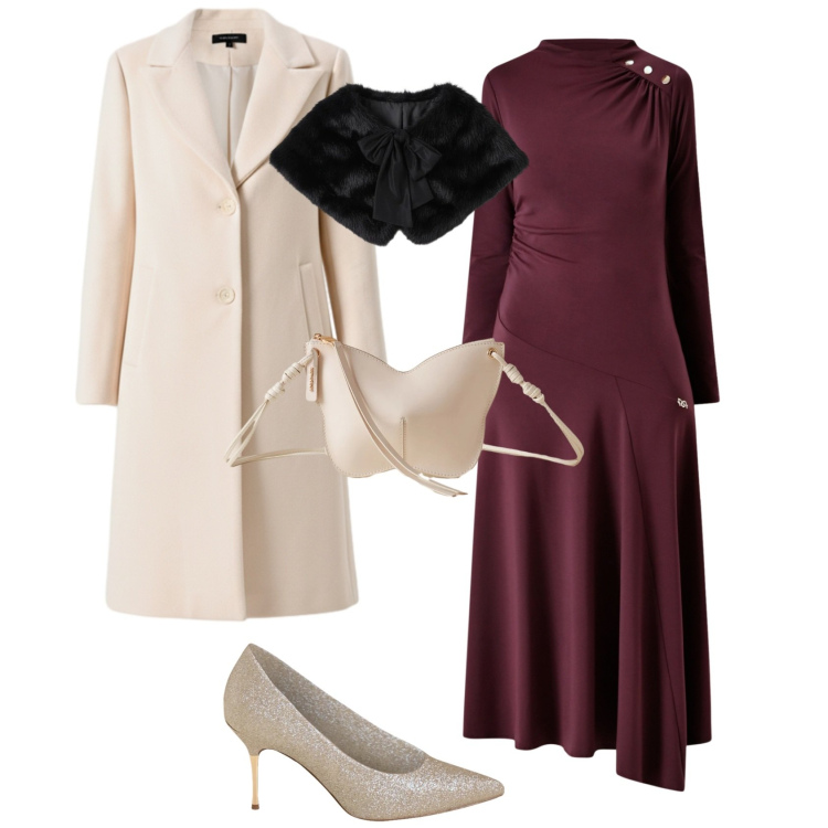 Outfit donna - Festività bianco e bordeaux. Stile Bon Ton per Tutti i giorni. Abbinamento con vestiti midi/longuette, cappotti, décolleté, stole, borse a tracolla.
