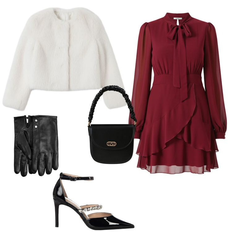 Outfit donna - Festività bianco e rosso. Stile Bon Ton per Tutti i giorni. Abbinamento con guanti, vestiti corti, ecopellicce, borse a mano, décolleté.