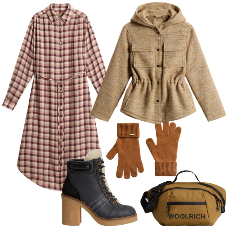 Outfit donna - Abito a quadretti. Stile Trendy per Tutti i giorni. Abbinamento con guanti, blazer, borse a tracolla, stivaletti, vestiti lunghi.