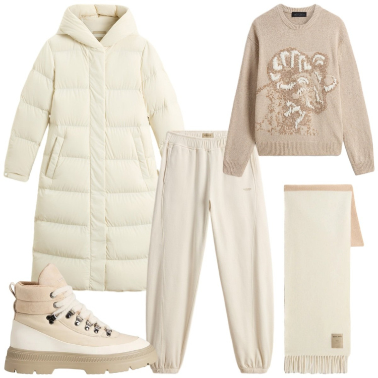 Outfit donna - Piumino iconico. Stile Sporty chic per Tutti i giorni. Abbinamento con sciarpe, maglieria, pantaloni, piumini, anfibi.