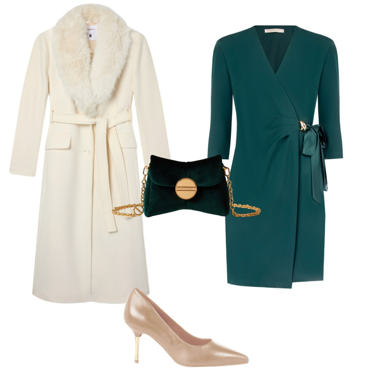 Outfit donna - Festività bianco e verde. Stile Bon Ton per Tutti i giorni. Abbinamento con vestiti a tubino, décolleté, cappotti, borse a tracolla.