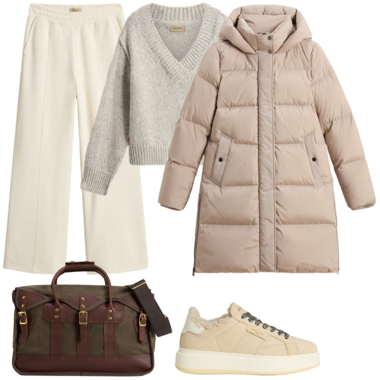 Outfit donna - Colori chiari. Stile Basic per Tutti i giorni. Abbinamento con borse a tracolla, maglieria, piumini, pantaloni, sneakers.