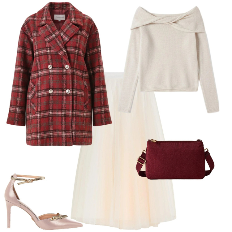 Outfit donna - Tartan rosso e bianco per le festività. Stile Chic per Tutti i giorni. Abbinamento con gonne lunghe, cappotti, décolleté, maglieria, borse a tracolla.
