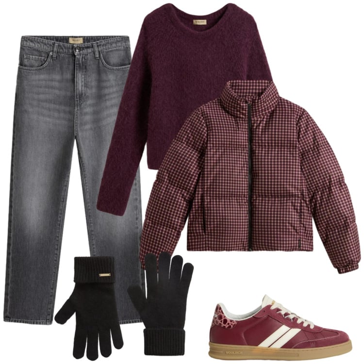 Outfit donna - Il piumino a quadretti. Stile Casual per Tutti i giorni. Abbinamento con maglieria, sneakers, guanti, jeans, piumini.