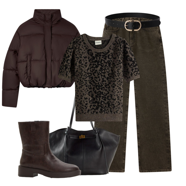 Outfit donna - Passeggiata in centro. Stile Urban per Tutti i giorni. Abbinamento con maglieria, stivaletti, shopping bag, cinture, jeans dritti, bomber.